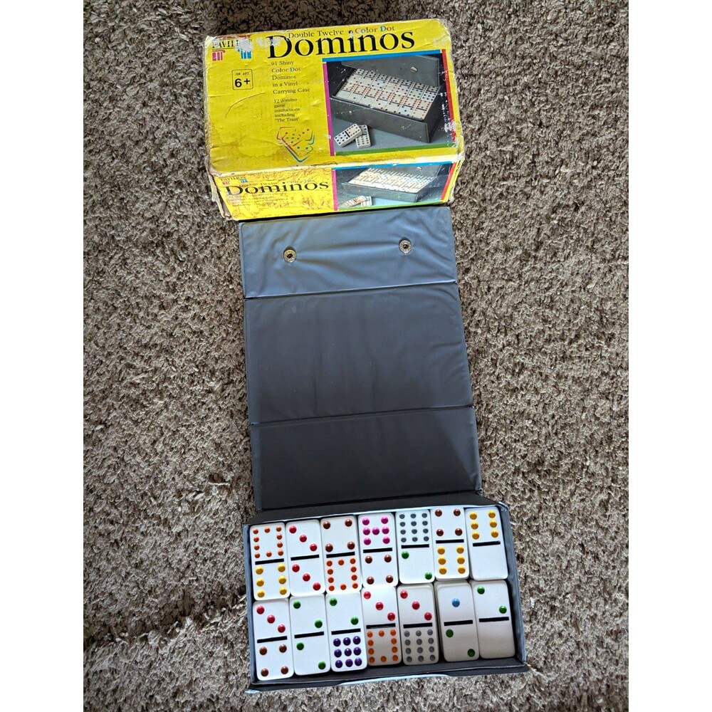 Vintage Pavilion Double Twelve Color Dot Dominos 91pc Vinyl Case Game Set